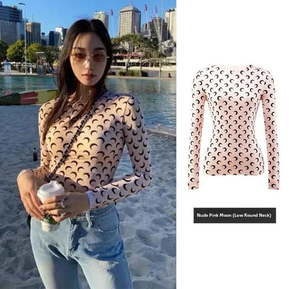 Sweet Two Piece Set Women American Retro Layered Outfit Long Sleeve Moon Print Top Ice Silk Pants Sexy Casual Autumn Fashion