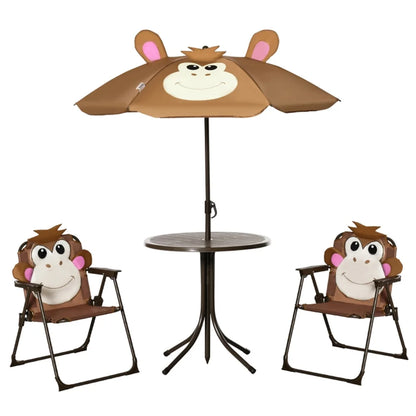 Cute Monkey Kids Patio Table Chair Set with Removable Cartoon Sun Umbrella, Foldable Portable Outdoor Toddler Furniture, 2 Folding Chairs Round Metal Table, Space Saving Kids Play Dining Set for Backyard Garden Lawn Picnic Be