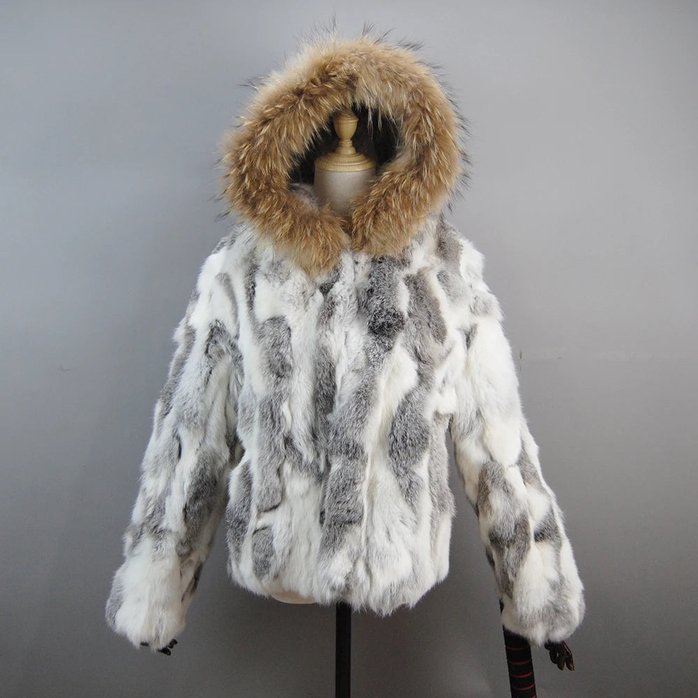 New Russian Women Real Rabbit Fur Coats Winter Warm 100% Natural Rabbit Fur Jacket Lady Warm With Raccoon Fur Hooded Outerwear