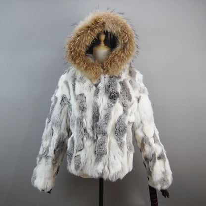 New Russian Women Real Rabbit Fur Coats Winter Warm 100% Natural Rabbit Fur Jacket Lady Warm With Raccoon Fur Hooded Outerwear