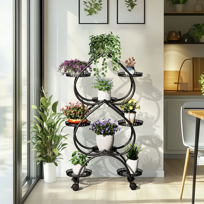 Iron Metal Plant Stand 9-Potted Rolling Flower Display Rack Holder with Wheels Indoor Outdoor