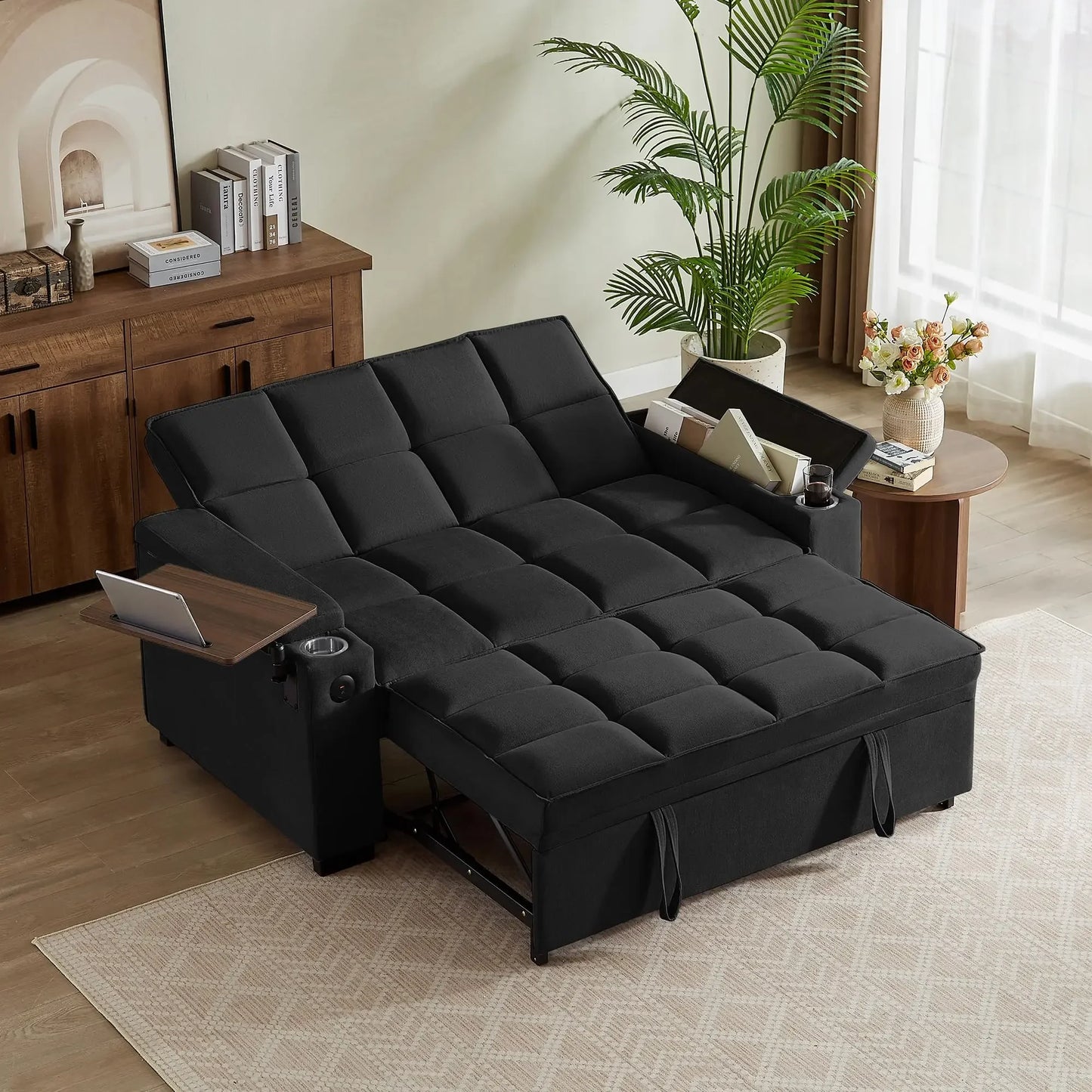 hansones 65'' 3-in-1 Folding Convertible Sofa Bed, Pullout Sofa, Modern Chenille Fabric, 360° Swivel Side Table, Easy Assembly,