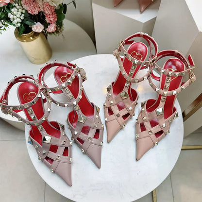 2026 Spring/Summer New High Heel Riveted Sandals Pointed Fine Heel Sandals Riveted Single Shoes