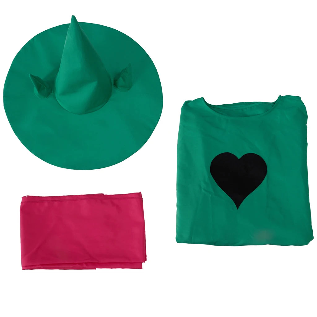 Deltarune Ralsei Cosplay Full Set, 3 Pieces Green Cloak, Wizard Hat & Pink Scarf, Halloween Game Role Play Costume
