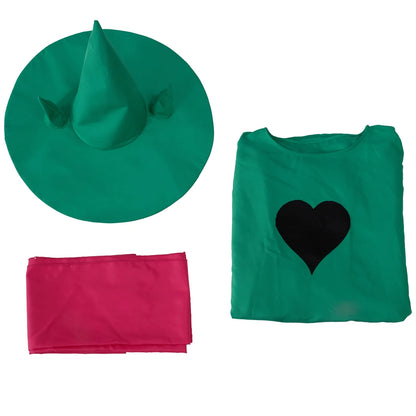 Deltarune Ralsei Cosplay Full Set, 3 Pieces Green Cloak, Wizard Hat & Pink Scarf, Halloween Game Role Play Costume