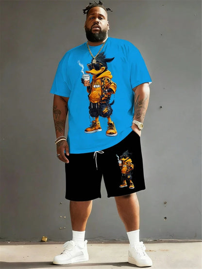 2026 Summer Men 2-Piece Set Fun Cartoon Bear Print Short-Sleeve T-Shirt and Shorts Set Sporty Style Plus Size Fashionable Outfit