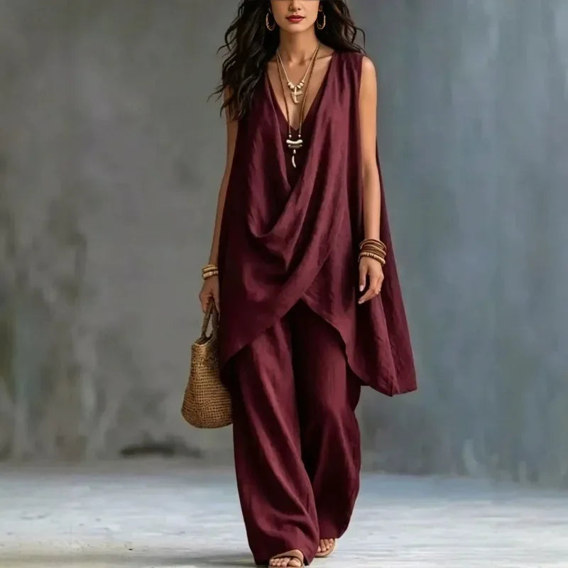Fashion Summer Sexy Loose Solid color Linen 2 Piece Set Draped Sleeveless Top High Waist Wide Leg Pants Outfit Vacation Women