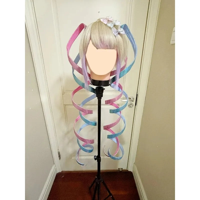 Handmade Ame Laser Double Ponytails Hairclip Anime KAngel Rain Cosplay Wig Shiny Ribbon Pink Blue Hair Halloween Roleplay Props