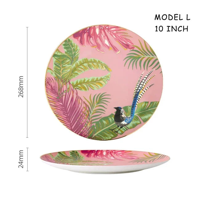 Dinnerware Set Colorful Forest Animal Design Plate Steak Tray Flat Ceramic Tableware 10inch Dish Christmas Gift Gold