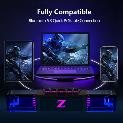 Computer speakers for desktop/laptop with Bluetooth/wired connectivity and dual-mode for gaming/music, featuring microphone.