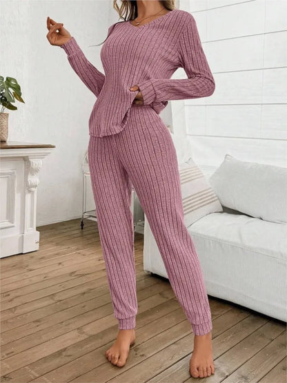 Casual V-neck Knitted Pit Strip T-shirt Long-sleeved Womes Suit Autumn Winter New Slim Fit Trousers Female Home Wear 2-piece Set