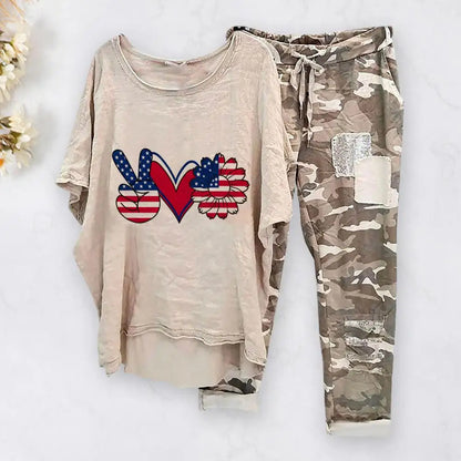 Womens Two Piece Camouflage Set Summer Outfits for Women Cotton Linen Suit 2023 Casual Print Short Sleeve Harajuku