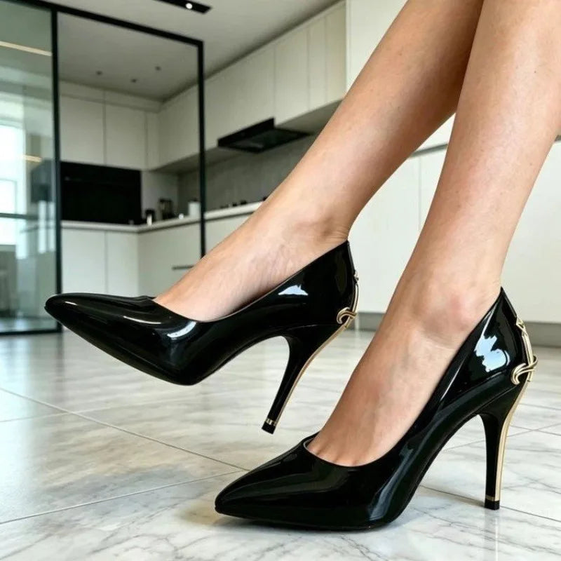 2026 New Red Sole High Heels Women's Thin Heel Pointed Toe Metal Sword Sexy Lady Black Painted Leather Single Shoes