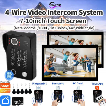 ANJIELO Tuya Smart Fingerprint 5-in-1 Unlocking Home Video Doorbell Video Intercom System 1080P Touch Monitor Security Protectio