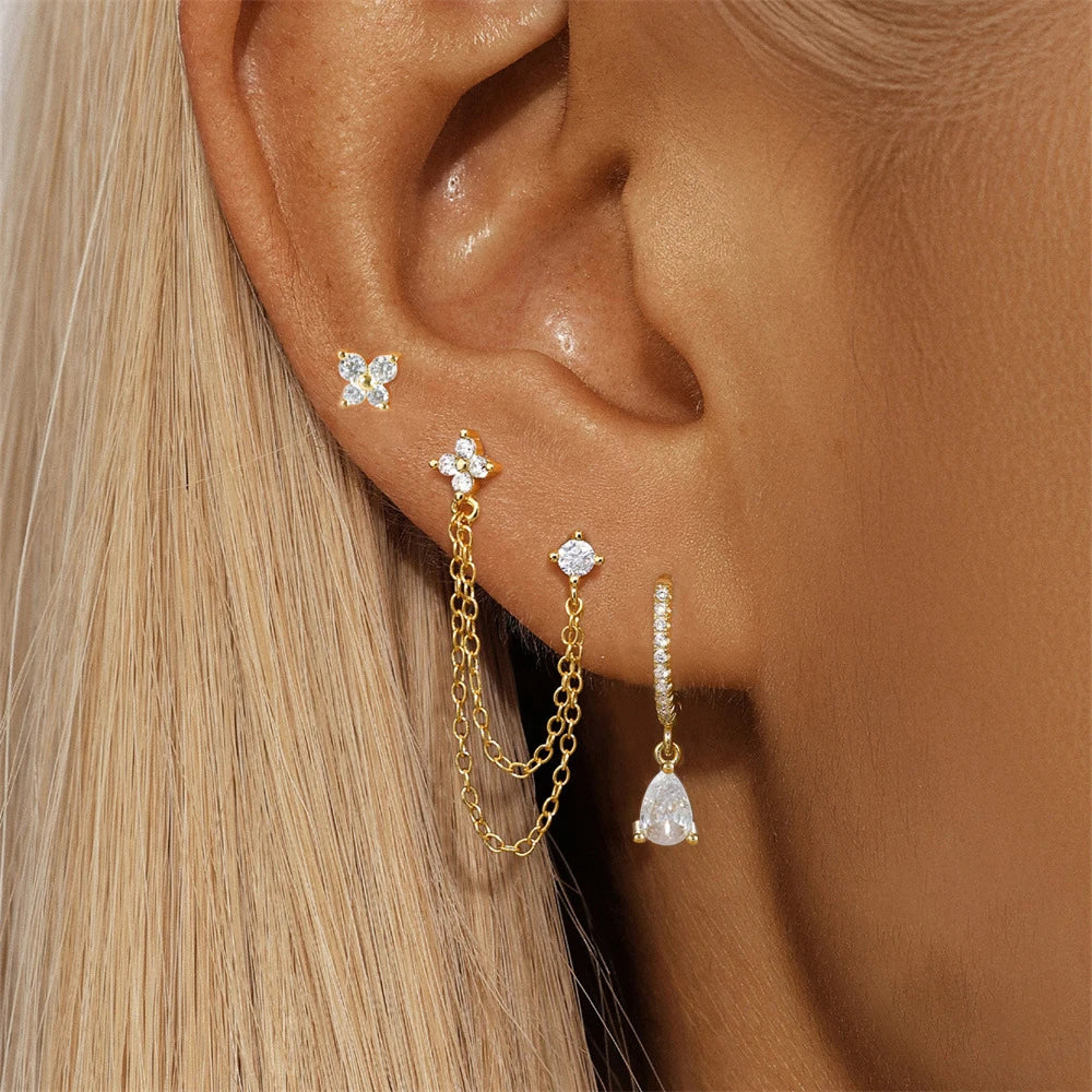 3PCS Set Stainless Steel Crystal CZ Butterfly Ear Stud Earring Gold Plated Pendant Water Drop Cartilage Earring Piercing Jewelry