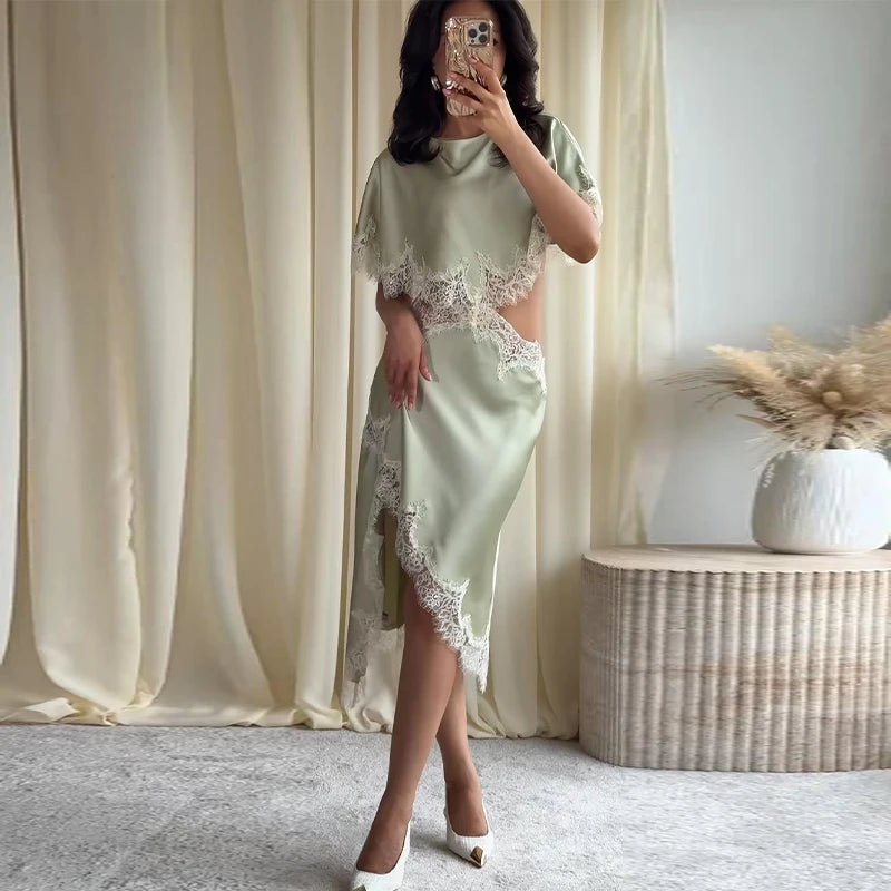 Deep V-Neck Lace Trim Cutout Waist Maxi Dress Elbow-Sleeve Lace Trim Chiffon 2026 Summer Elegant Women Vacation Boho Outfit