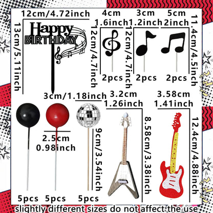 LaVenty Rock Music Cake Topper Black Red Balls Guitar Cake Toppers Music Notes Balls Cake Decoration for Musician Birthday Party