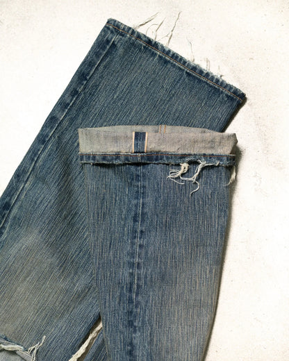 American Hollowed Out and Ripped Design Washed Denim Pants Hip-hop High Street Style Worn Edges Old Straight Leg Wide Leg Pants