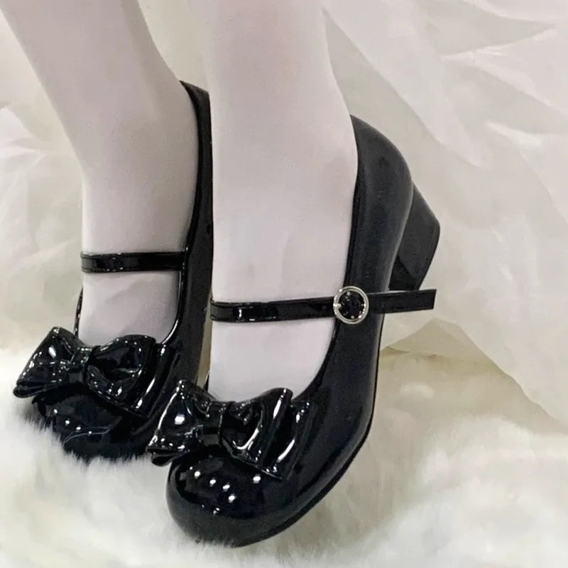 Shallow Mouth Small Leather Shoes Summer New Round Toe Cute Bow Versatile Kitten Heel Single Shoes