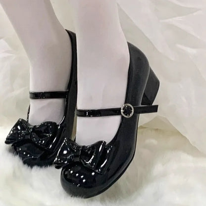 Shallow Mouth Small Leather Shoes Summer New Round Toe Cute Bow Versatile Kitten Heel Single Shoes