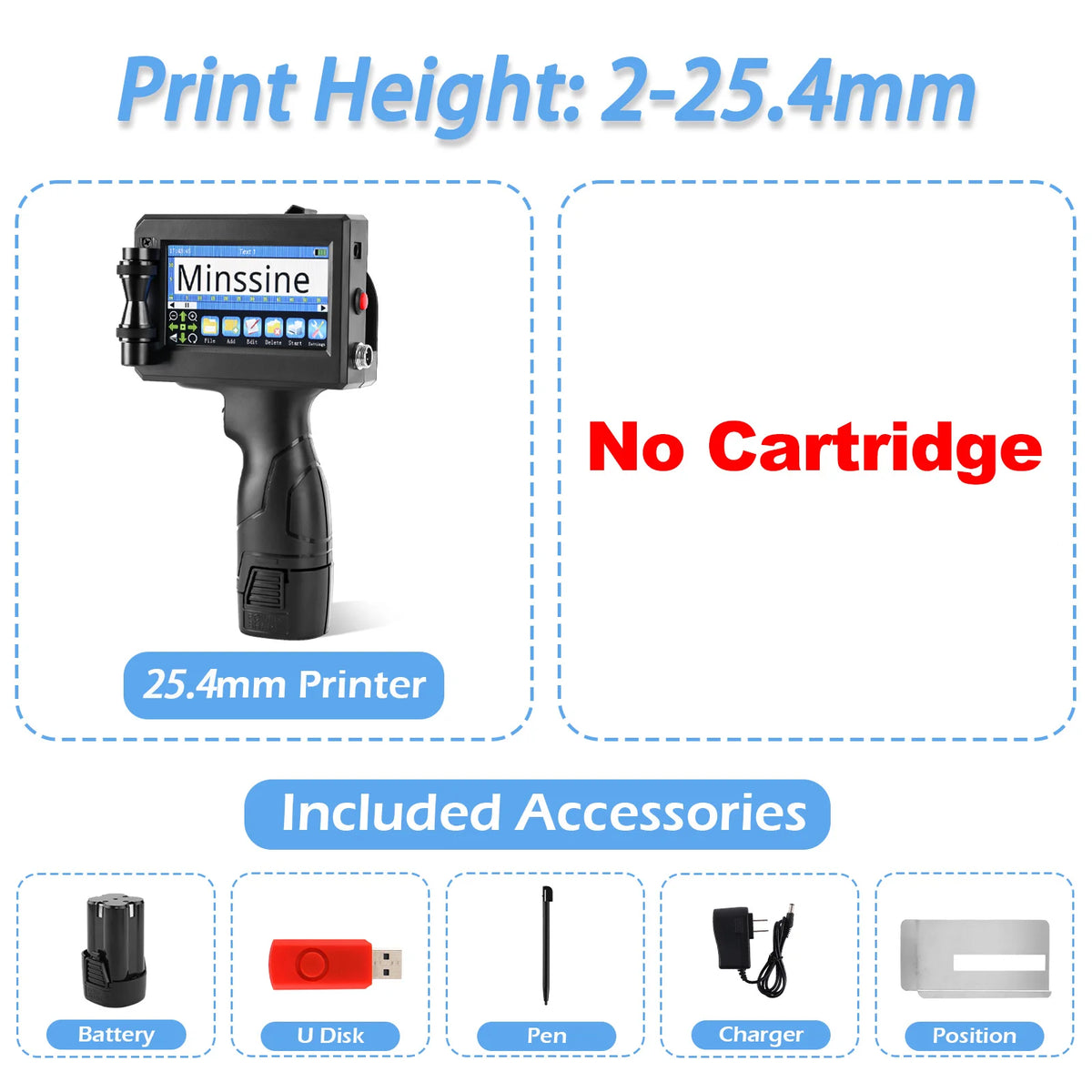 12.7/25.4mm Handheld Inkjet Printer for QR Barcode Batch Date Number Logo Expiry Date Coding Machine Non-encrypted 25 Languages