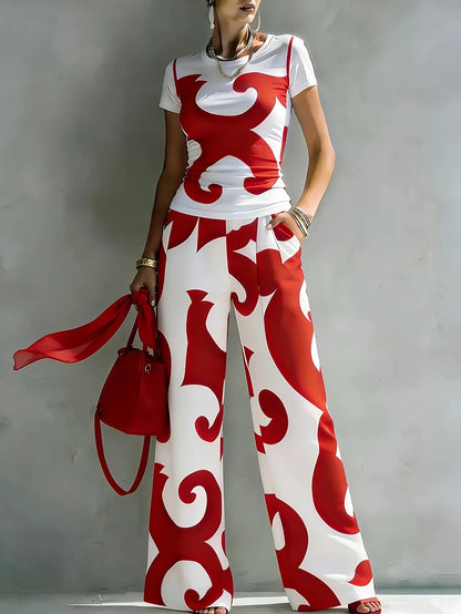 Women's Boho Two-Piece Set Red White Abstract Swirl Print Top Wide Leg Pants Elegant Casual Vacation Trousers Outfit for Summer