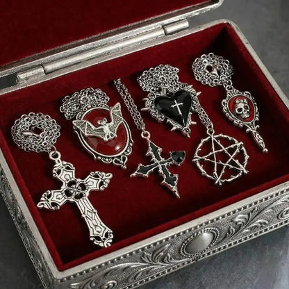 5Pcs Gothic Necklace Set For Women Halloween Jewelry Heart Bat Spider Cross Pendant Sweater Chain Trendy Daily Accessories Gift