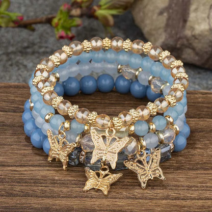 4Pcs Bohemian Butterfly Charm Bracelet Set For Women Crystal Beads Chain Bangle Female Fashion Party Jewelry Gift