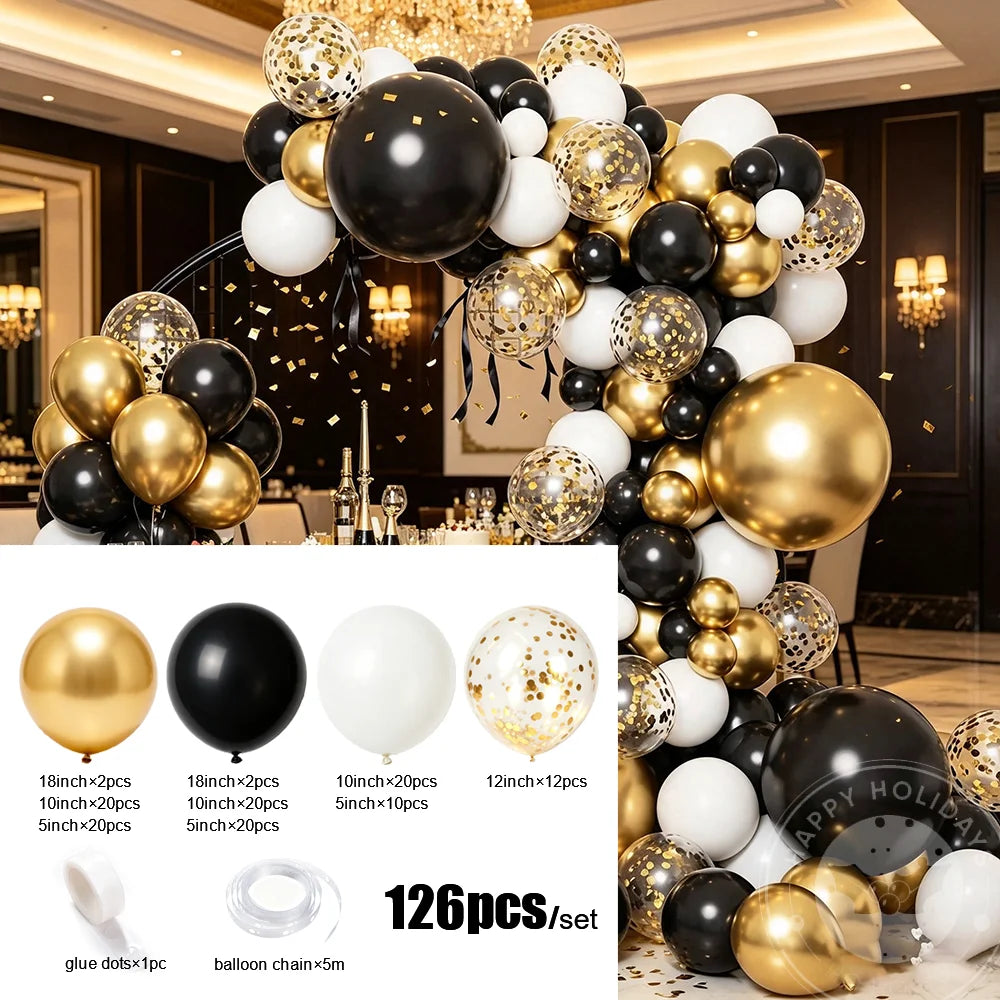 126Pcs Premium Black Gold White Balloon Arch Garland Kit for Adult Birthday Dinner Graduation Wedding Anniversary Party Decor