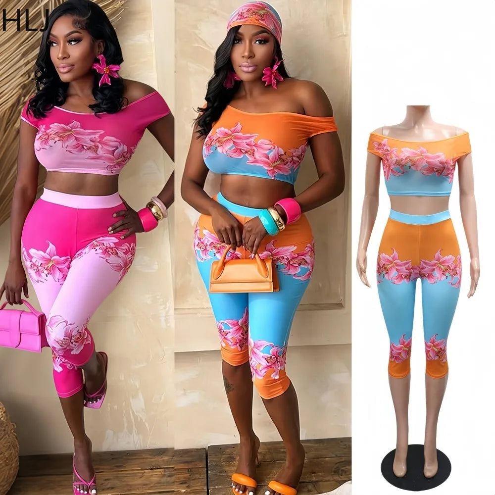 HLJ 2026 New Women Floral Print 2 Piece Set Off Shoulder Short Sleeve Crop Top + High Waist Capri Pants Summer Casual Streetwear
