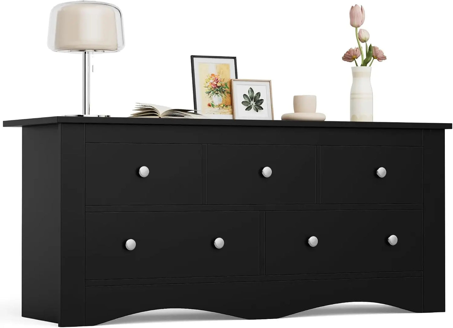 5 Dresser for Bedroom,TV Stand for Living Room, Black| 52" Wood Dresser, Chest of Drawers, for TV up to 65 inch,15.7Dx52Wx23.2H