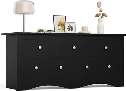 5 Dresser for Bedroom,TV Stand for Living Room, Black| 52" Wood Dresser, Chest of Drawers, for TV up to 65 inch,15.7Dx52Wx23.2H