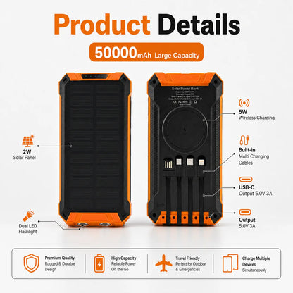 50000mAh Solar Power Bank Fast Charging Portable Charger with Built-in Cables Wireless Outdoor Battery Pack