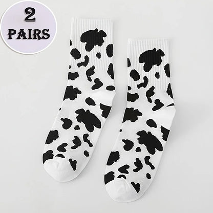 2 Pairs Cow Print Socks–Trendy Black&White Contrast Design,Soft&Skin-Friendly Unisex Crew Socks for Streetwear&Daily Outfits