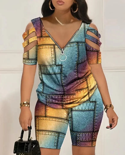Cold Shoulder T Shirt Shorts Set Women 2 Piece Set Zipper V Neck Womens Short Pants Set Casual Femme Top Set Summer Suit