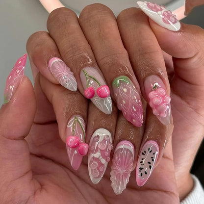 3D Lemon Blue White Striped French Nail Art Summer Chic Short Round False Nails Detachable Finished Fake Nails Press on Nails