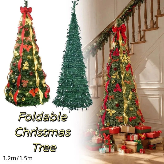 Pre-Decorated Pop-Up Christmas Tree Warm White Lights Gold Ornaments Folding Christmas Tree Easy Assembly Space-Saving