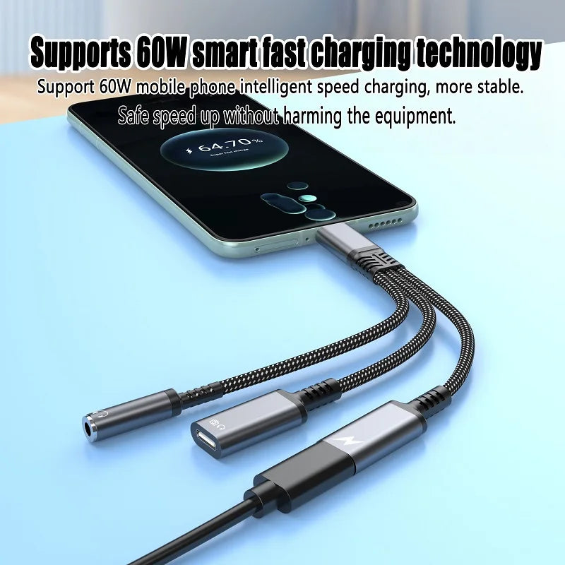 PD 60W Type C to Dual Type C 3.5mm Headphone and Charger Adapter 3 In1 USB C to AUX Audio Jack Dongle Cable For Samsung IPhone16