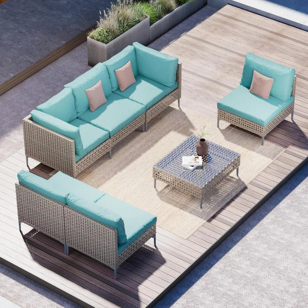 7-Piece Wicker Patio Furniture Set, Boho Outdoor Conversation Set Sectional Sofa with Water Resistant Thick, Customized
