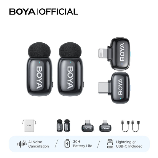 BOYA Mini 2 Wireless Lavalier Microphone for Type‑C iPhone No Case, AI Noise Cancel for Vlogging Live Stream Interview Recording