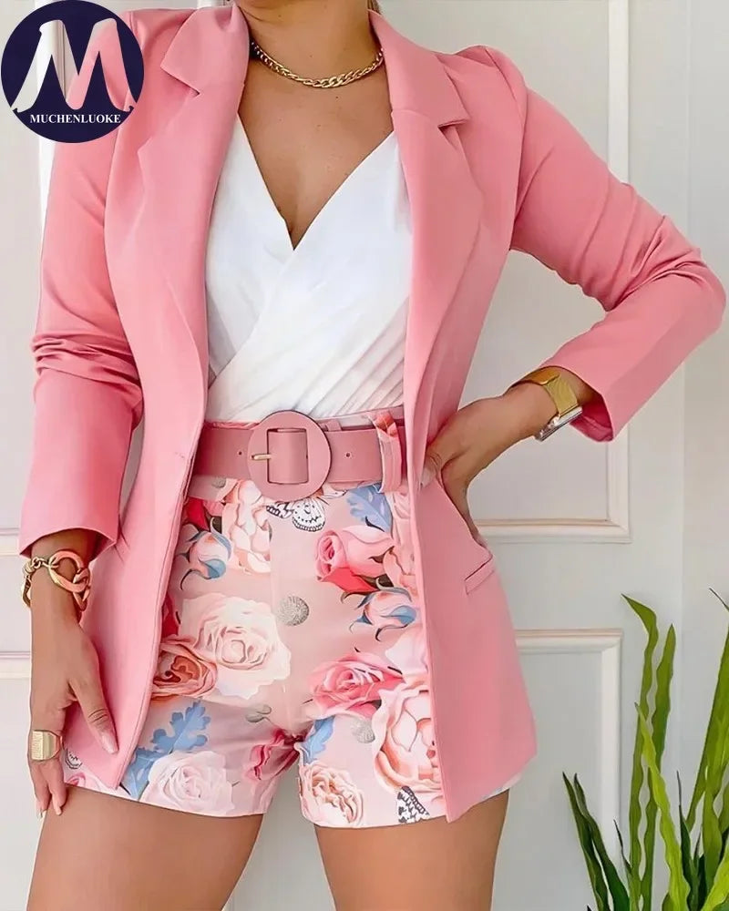 2 Pieces Women's Korean Fashion Set Spring Summer Casual Long Sleeve Blazer Coats with Elegant Printing Belt And Shorts