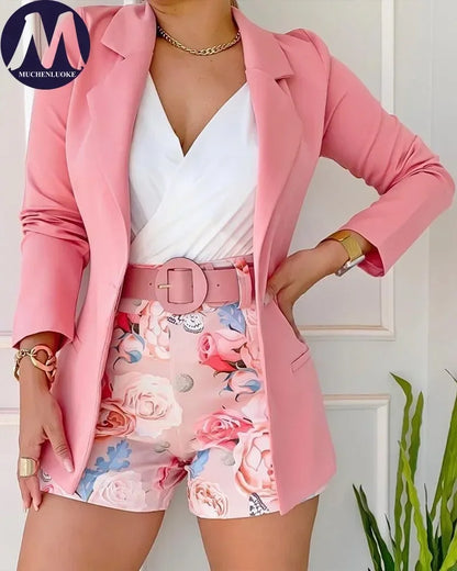 2 Pieces Women's Korean Fashion Set Spring Summer Casual Long Sleeve Blazer Coats with Elegant Printing Belt And Shorts