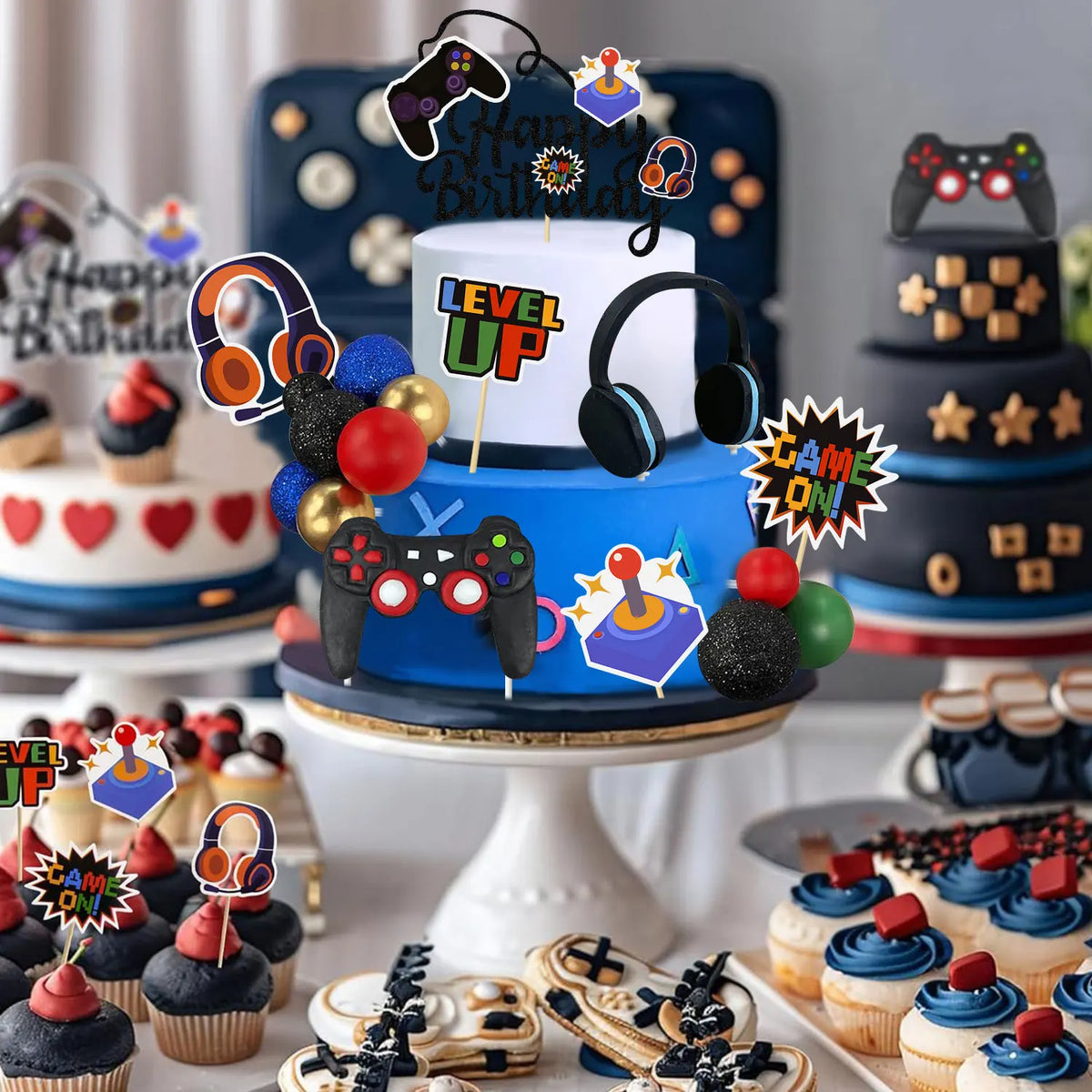 5 PCS Video Game Cupcake Toppers Video Game Happy Birthday Cake Topper Game On Controllers Cupcake Picks GamePad Cake Decoration