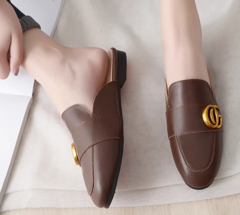 Lady Gold Metal Slides Round Toe Microfiber Soft Bottom For Tender Feet Wide Fits Beige Pink Fashionable Shoes For Summer 44-33