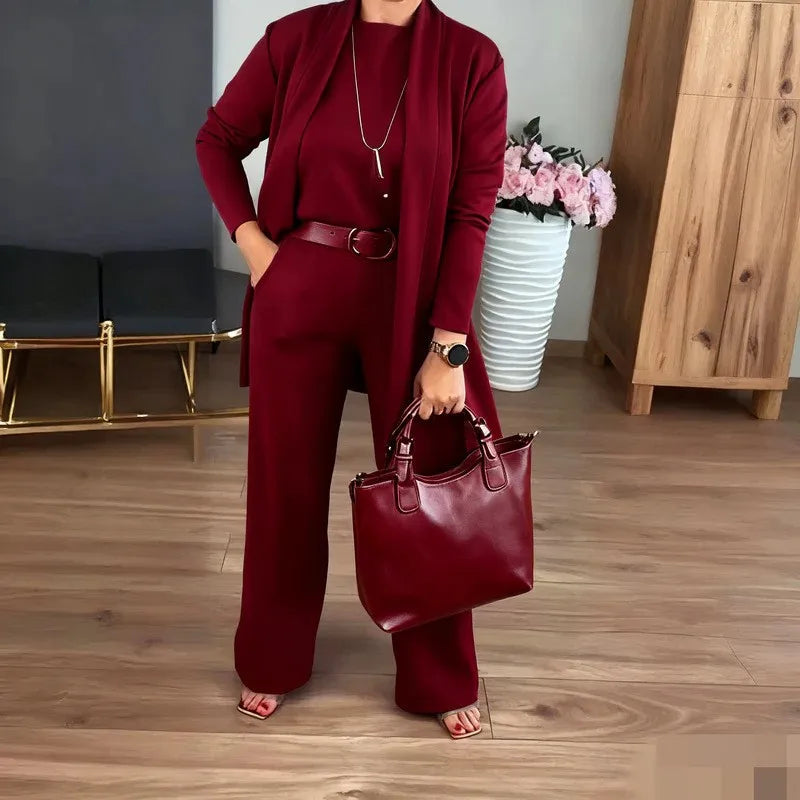 2026 Elegant Ladies Clothing 3 Pieces Set Autumn White Long Cardigan Coat Wide Leg Pants Sets T-shirt  Three-piece Outfit Women