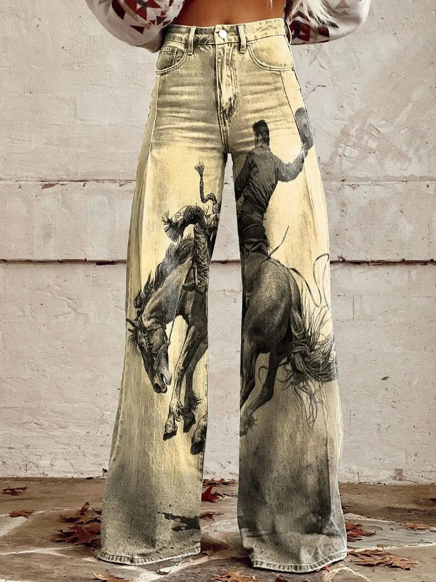 Women's 3D Printed Flare Jeans-Polyester Wide Leg Pants with Distressed Vintage Look, High Waist Comfort Fit for Street Fashion