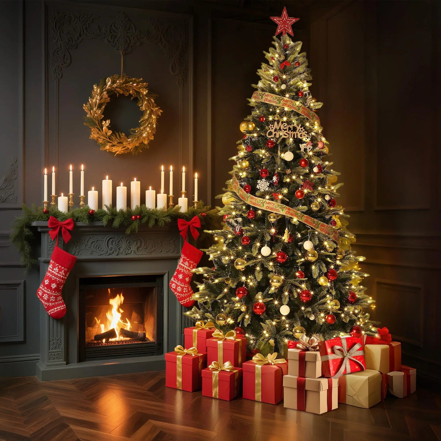 6.5ft Christmas Tree, Artificial Christmas Tree with 300 Warm White Lights, PE & PVC Xmas Tree with Thickened Branch Tips, Easy Assembly for Home Office Party, Green