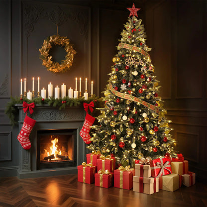6.5ft Christmas Tree, Artificial Christmas Tree with 300 Warm White Lights, PE & PVC Xmas Tree with Thickened Branch Tips, Easy Assembly for Home Office Party, Green