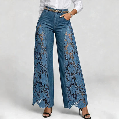 American Lace Hollow Out Elegant High Waist Wide Leg Straight Tube Harajuku Retro Flared Pants High Street Fashion Women's Jeans