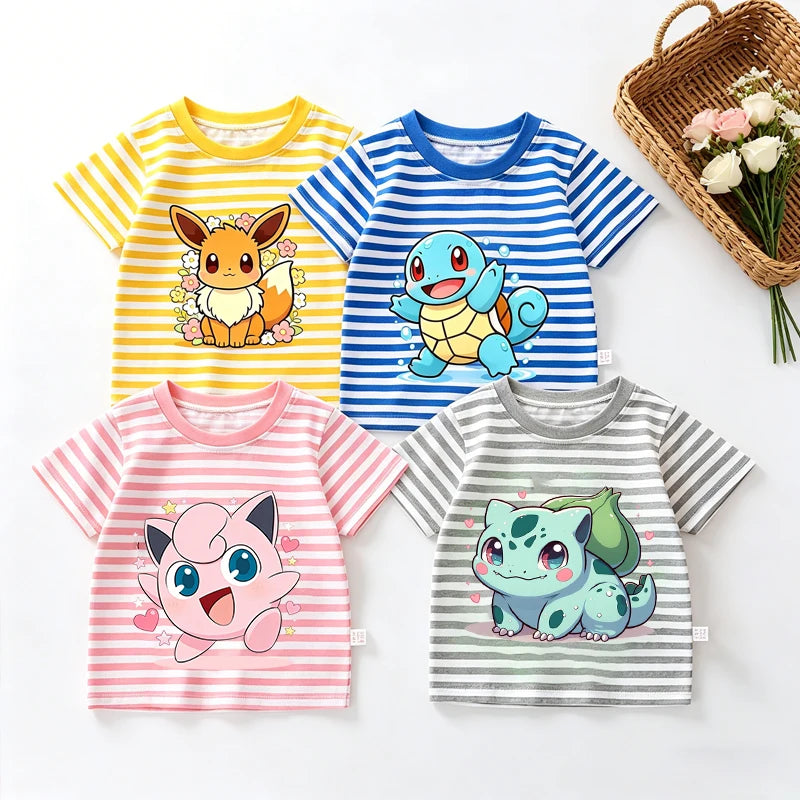 Cartoon Pokemon Stripe T Shirt Cute Pikachu Eevee Bulbasaur Baby Boy Girl Summer Tops Kawaii Toddler Short Sleeve Tee Shirts